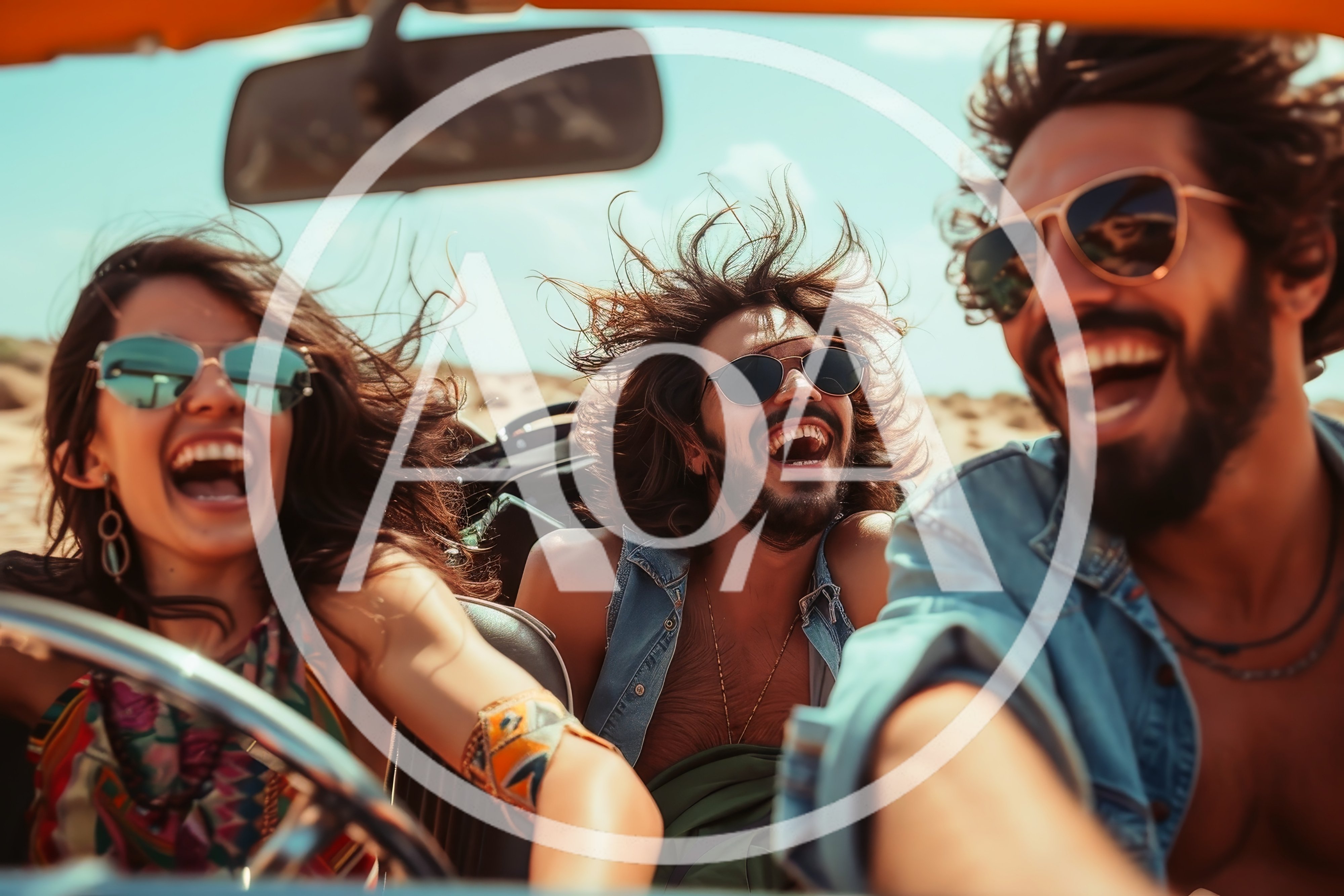 Three Friends Laughing While Driving A Convertible Car