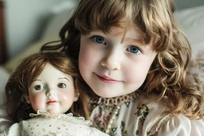 Young Girl Holding A Vintage Porcelain Doll