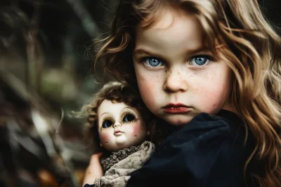 Young Girl Holding A Vintage Porcelain Doll