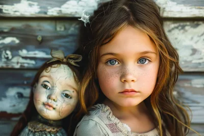 Young Girl With Freckles And A Cracked Vintage Doll