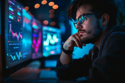 Focused Trader Analyzing Financial Market Data On Multiple Monitors