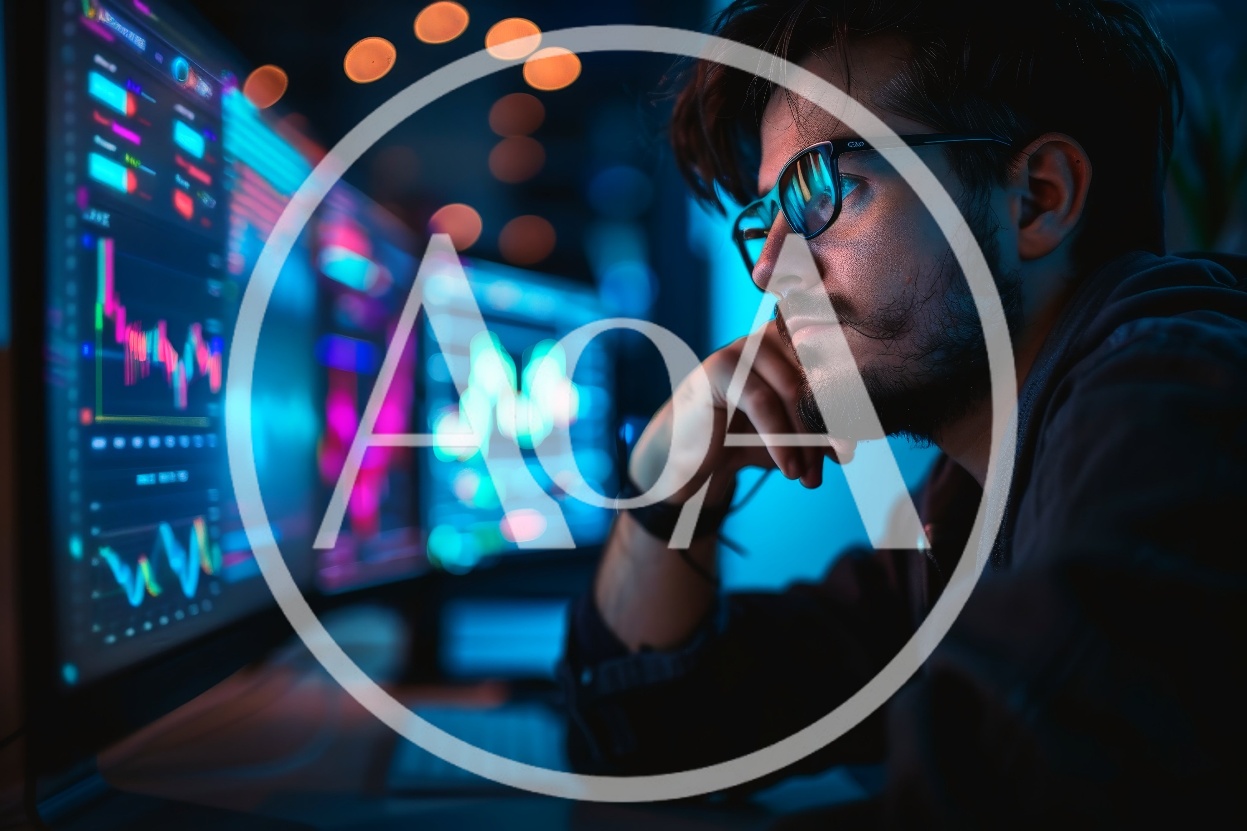 Focused Trader Analyzing Financial Market Data On Multiple Monitors