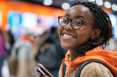 Young Woman With Braids Smiling While Holding Smartphone
