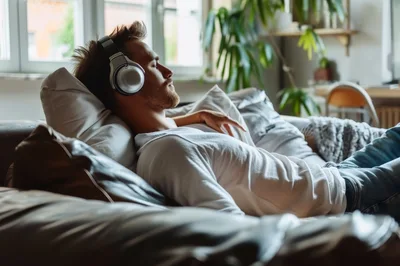 Young Man Relaxing on Sofa Listening to Music