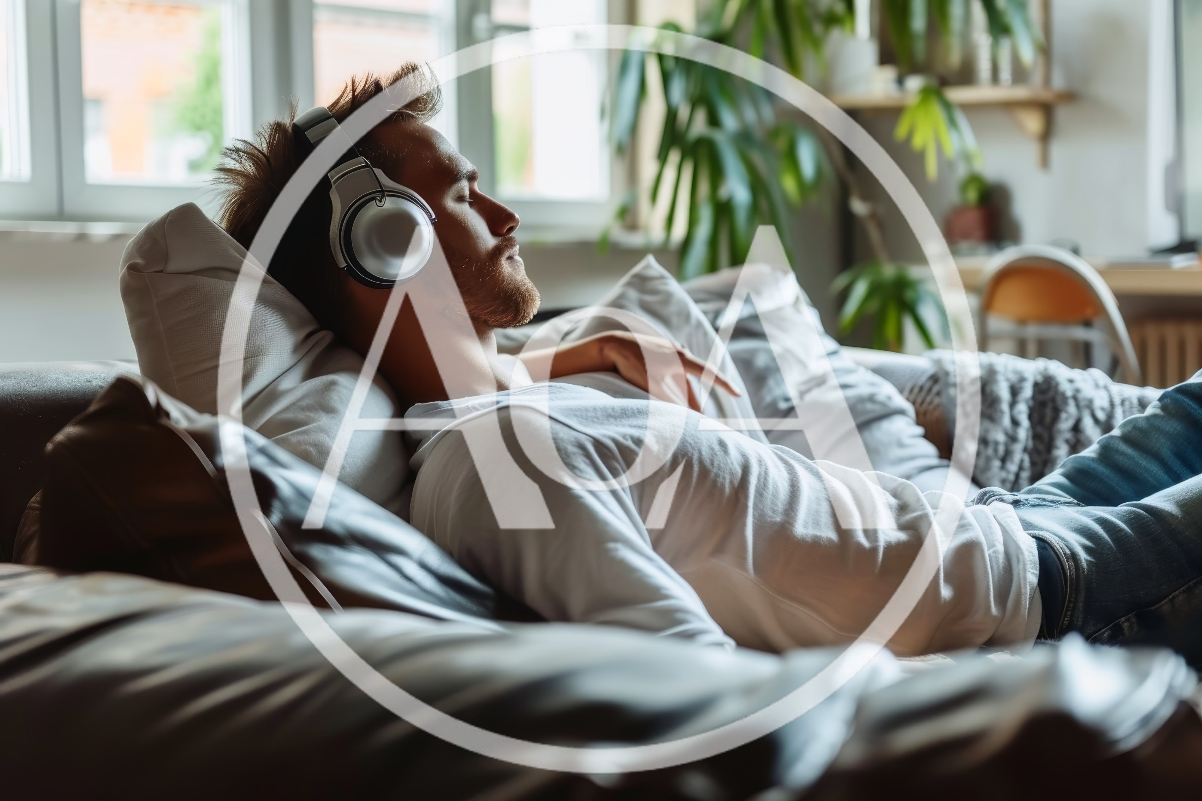 Young Man Relaxing on Sofa Listening to Music