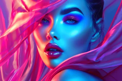 Portrait Of A Woman With Neon Lighting And Fabric