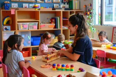 Teacher Engaging With Preschool Children In Classroom Activity