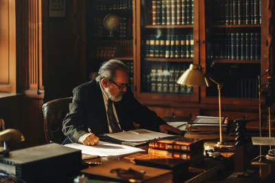 Elderly Scholar Writing In A Classic Library