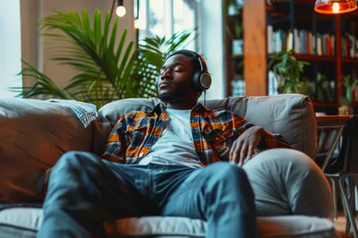 Young Man Relaxing on Sofa Listening to Music