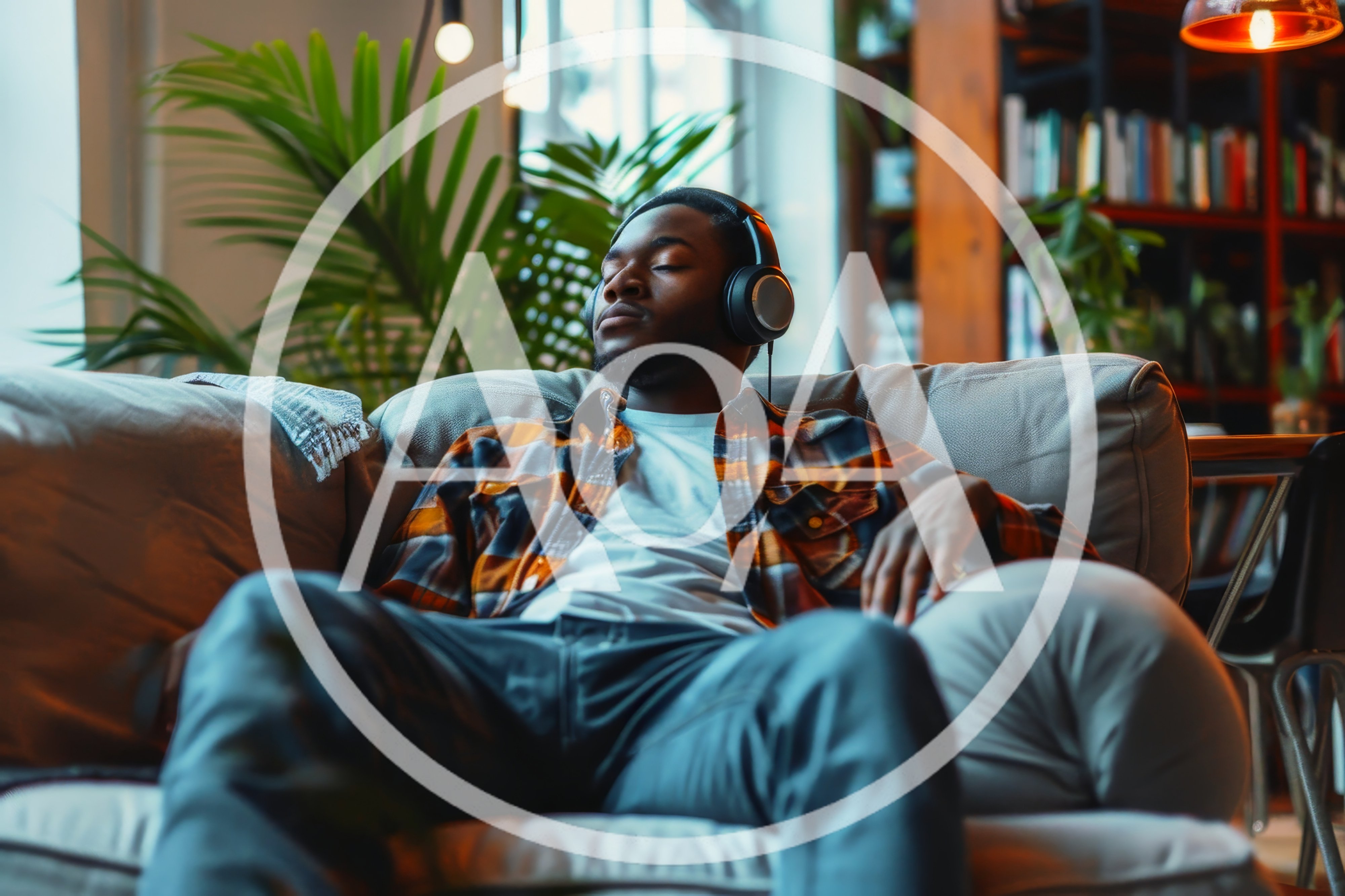 Young Man Relaxing on Sofa Listening to Music
