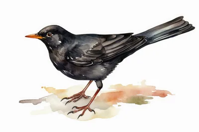 Watercolor Illustration Of A Common Blackbird