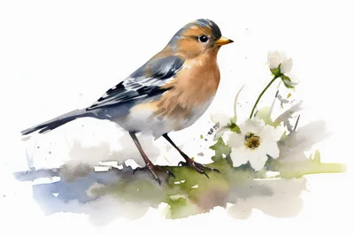 Watercolor Illustration Of A Common Chaffinch With White Flowers