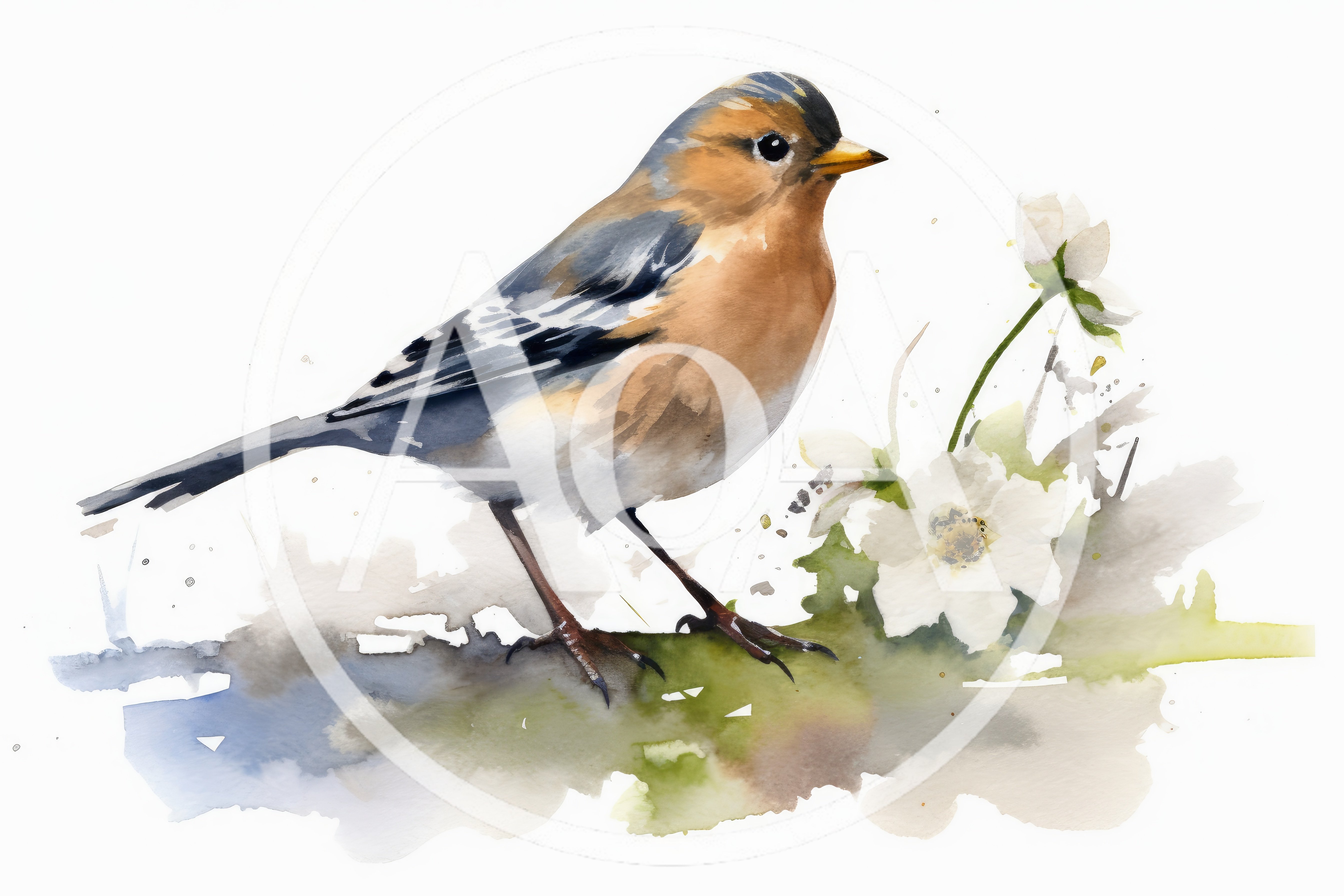 Watercolor Illustration Of A Common Chaffinch With White Flowers