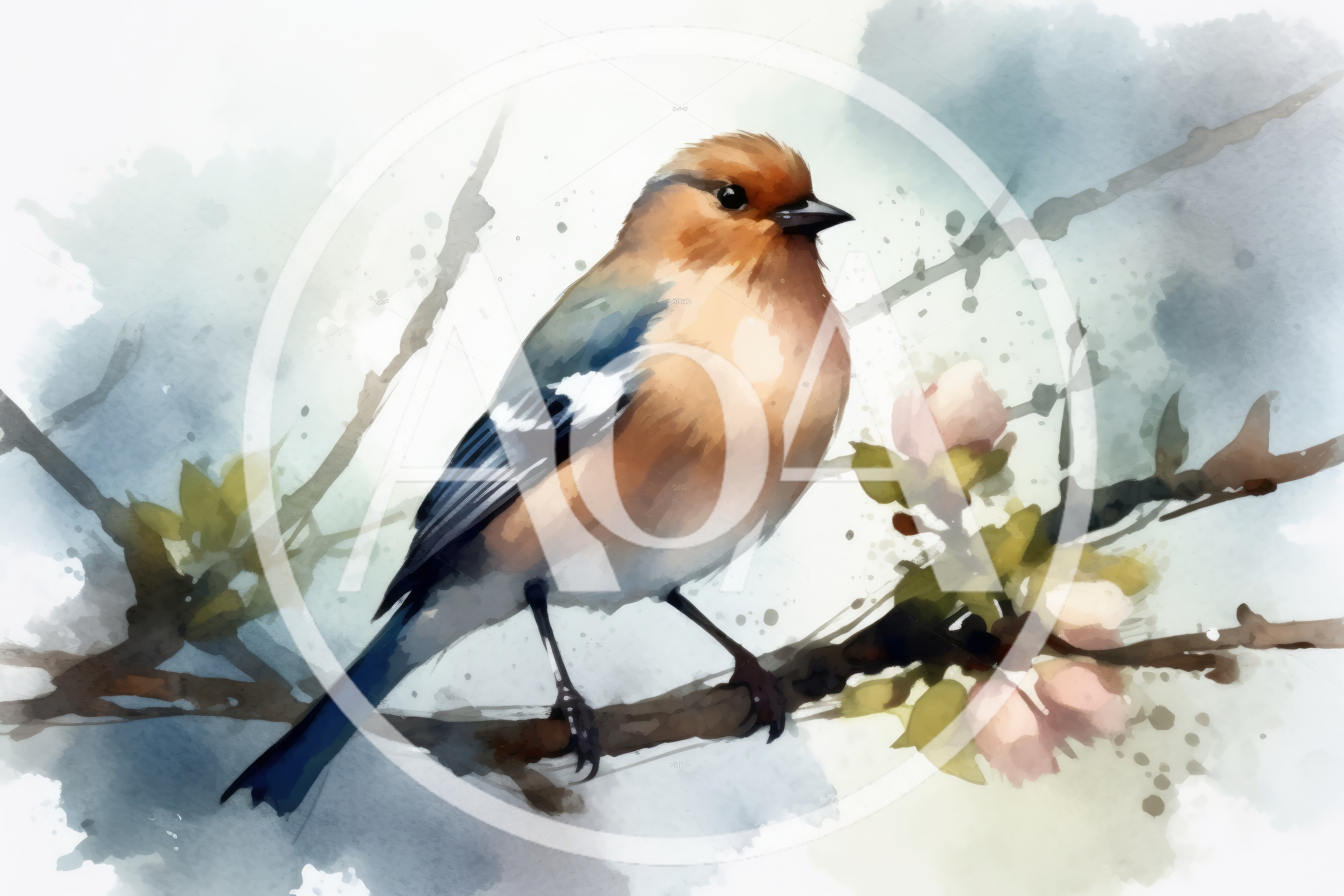 Watercolor Illustration Of A Common Chaffinch On A Branch