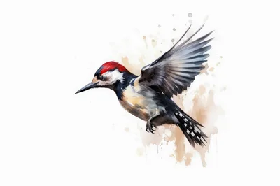 Watercolor Illustration Of A Flying Great Spotted Woodpecker