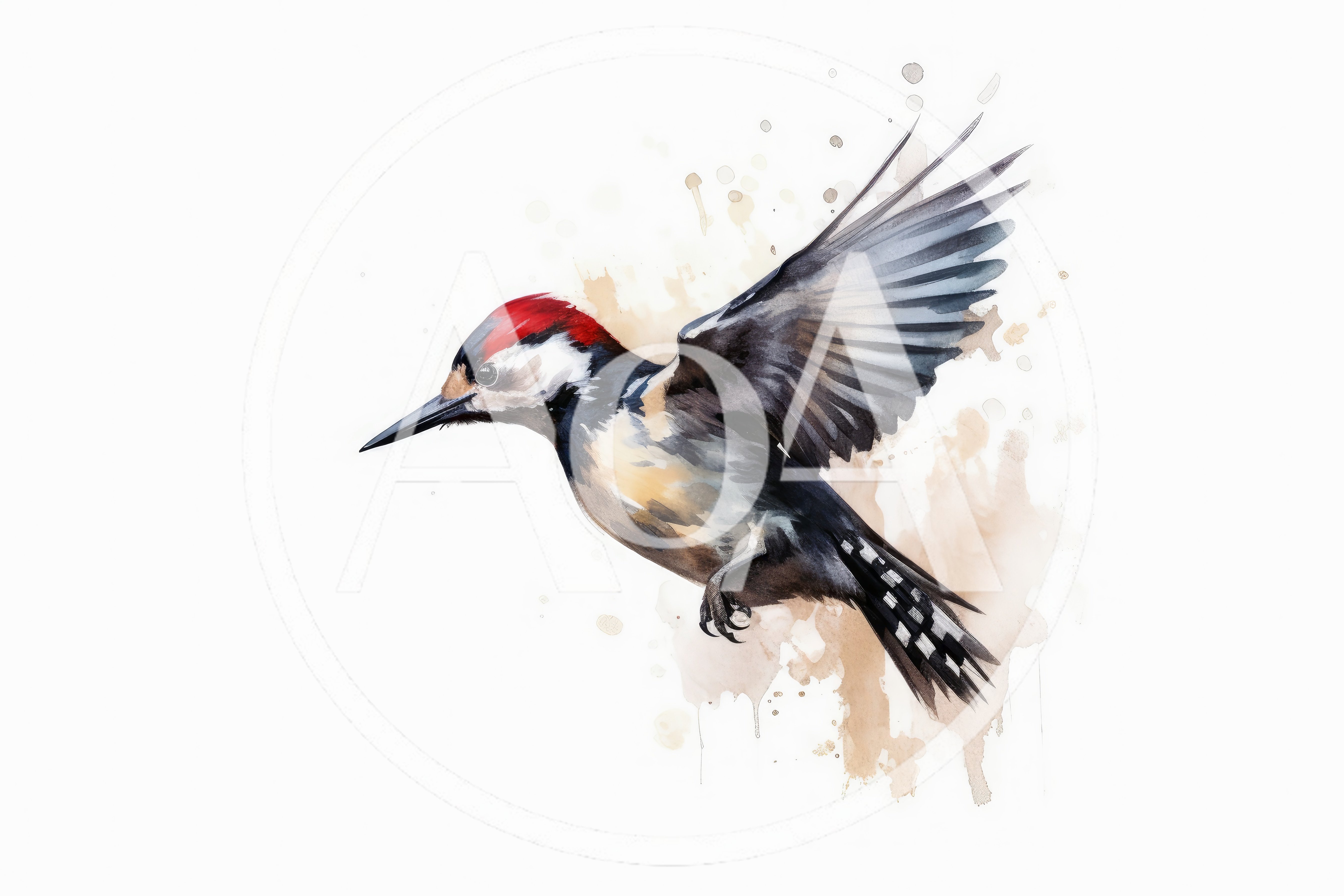 Watercolor Illustration Of A Flying Great Spotted Woodpecker