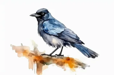 Watercolor Illustration Of A Blue Jay Perched On Branch