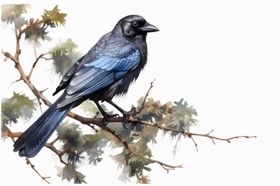 Watercolor Illustration Of A Crow Perched On A Branch