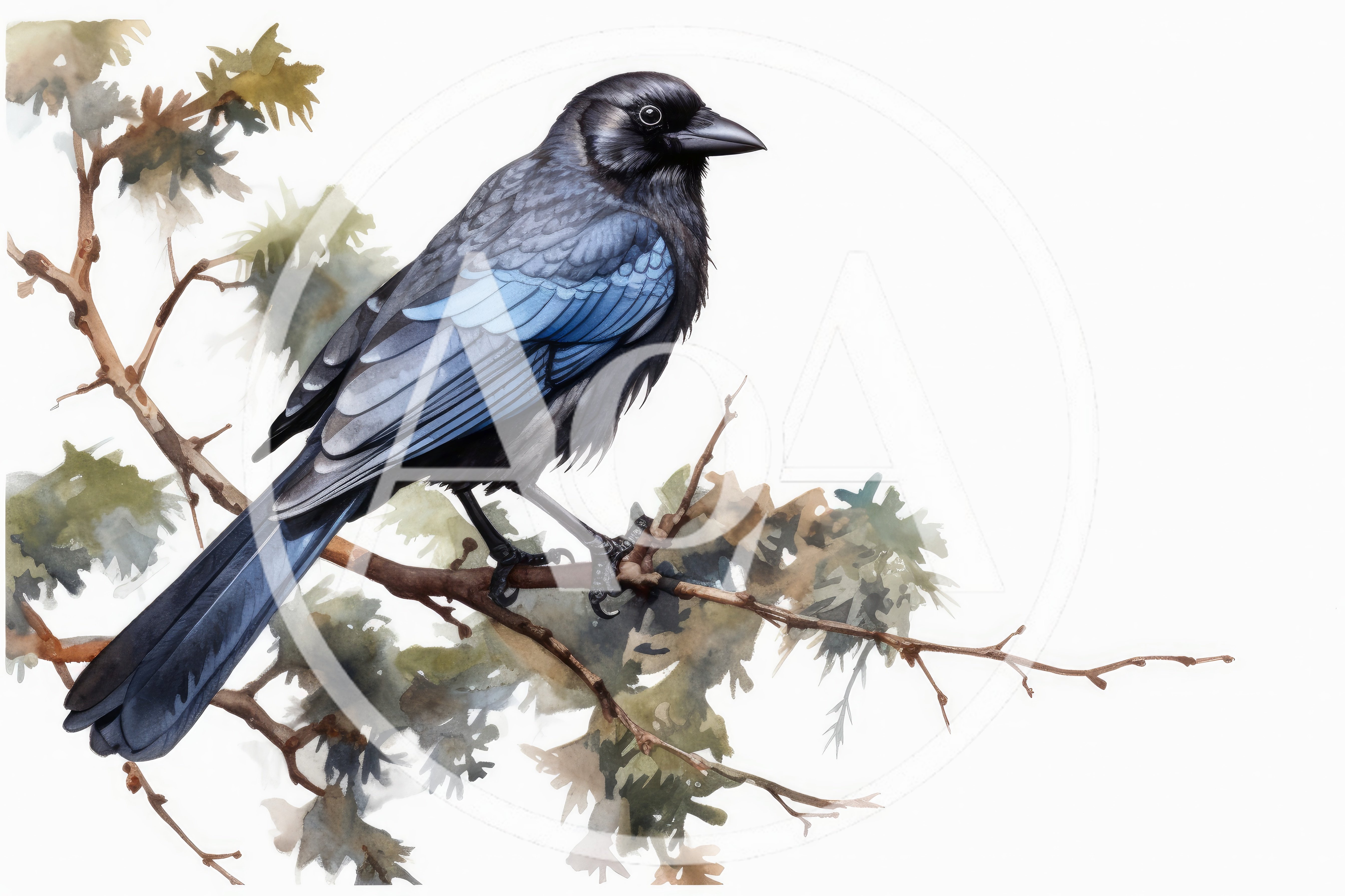 Watercolor Illustration Of A Crow Perched On A Branch