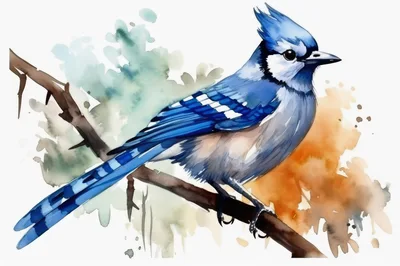 Watercolor Illustration Of A Blue Jay On A Branch