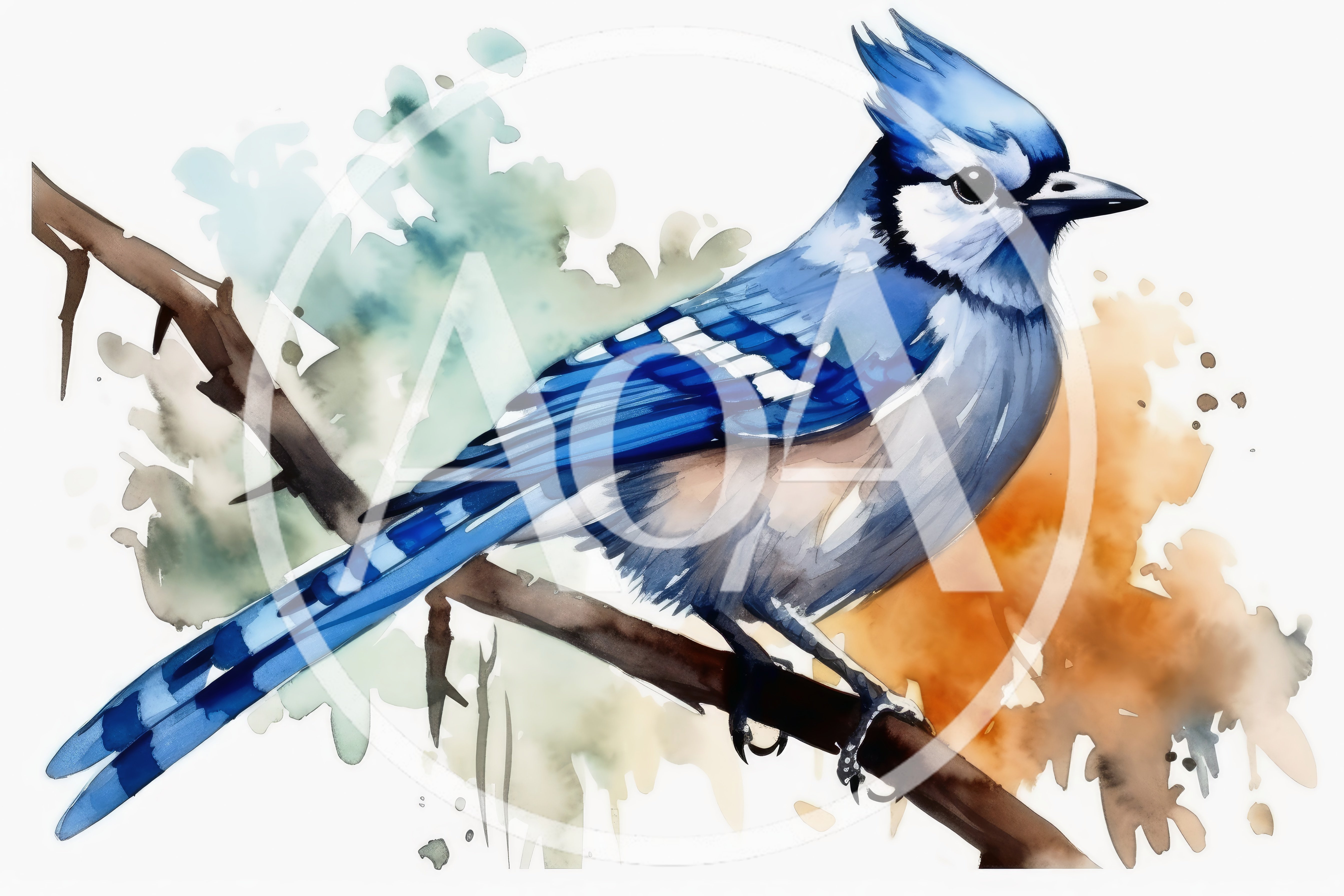 Watercolor Illustration Of A Blue Jay On A Branch