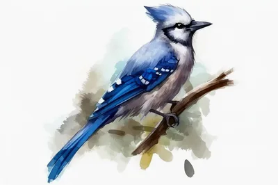 Watercolor Illustration Of A Blue Jay Perched On Branch