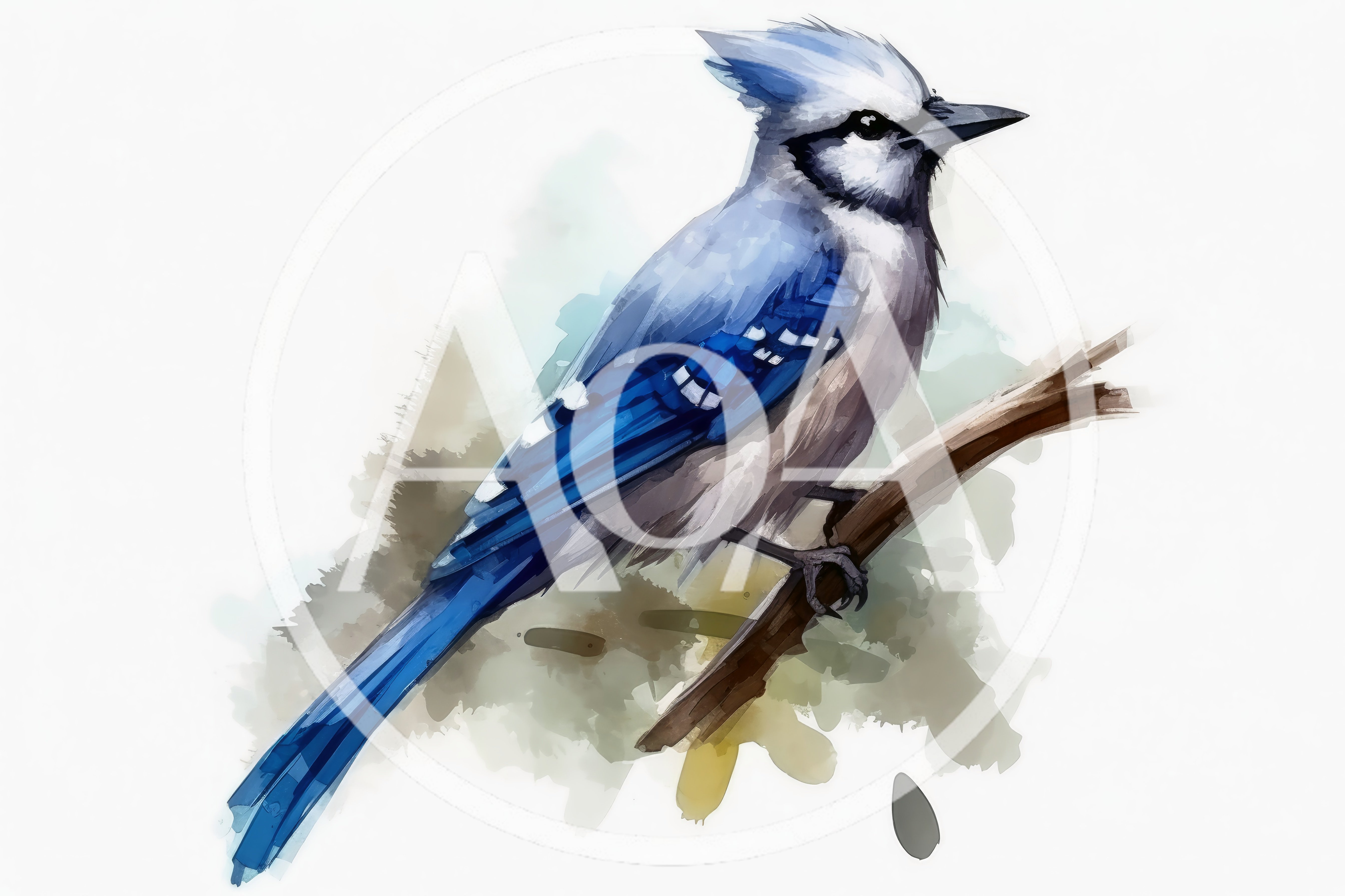 Watercolor Illustration Of A Blue Jay Perched On Branch