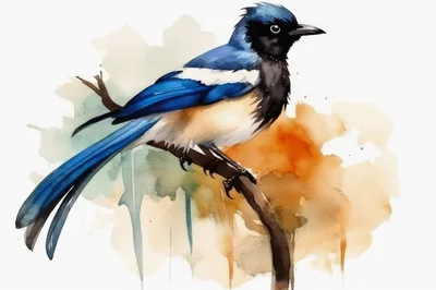 Watercolor Illustration Of A Blue And White Bird
