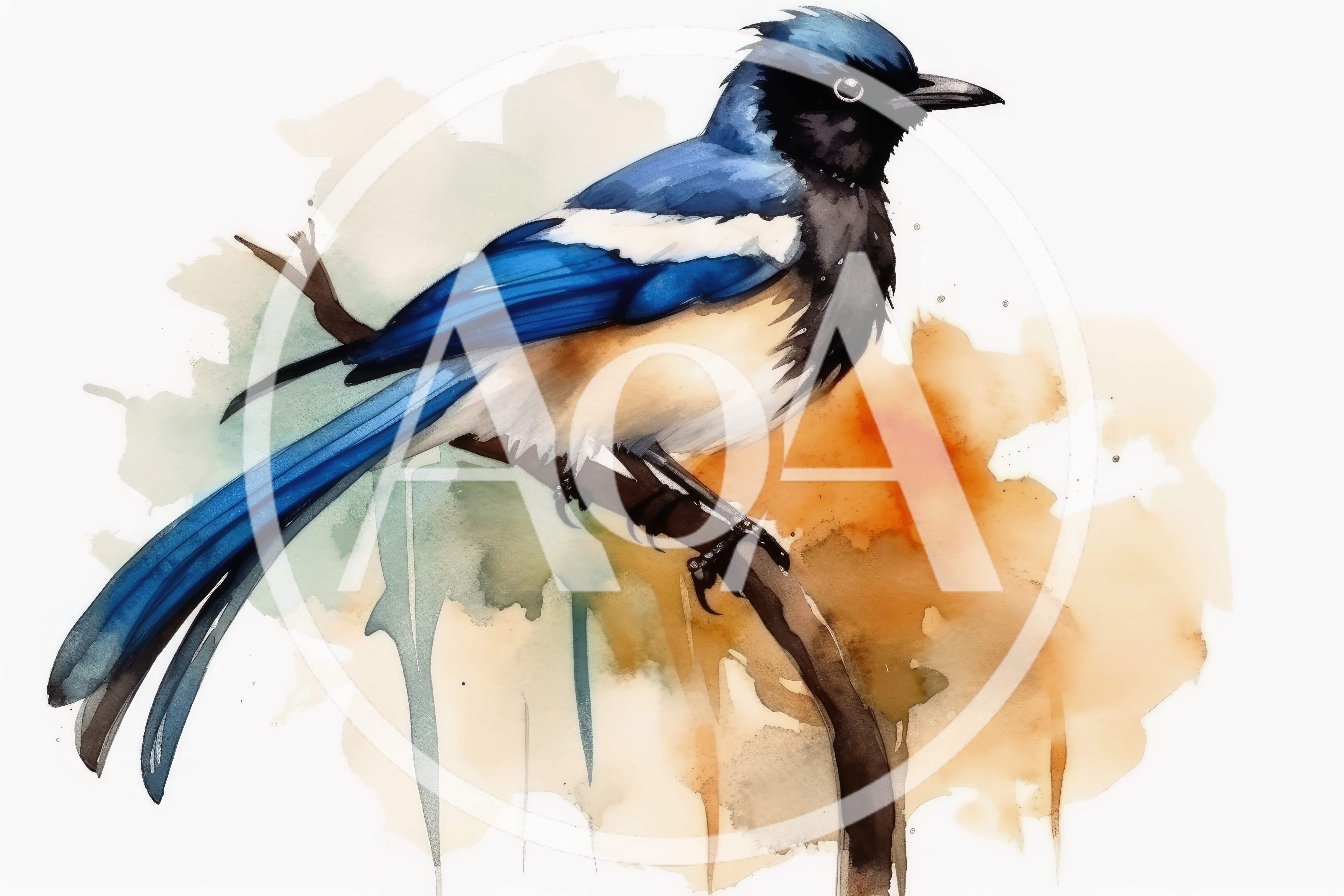 Watercolor Illustration Of A Blue And White Bird