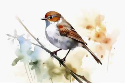 Watercolor Illustration Of A Small Bird On A Branch