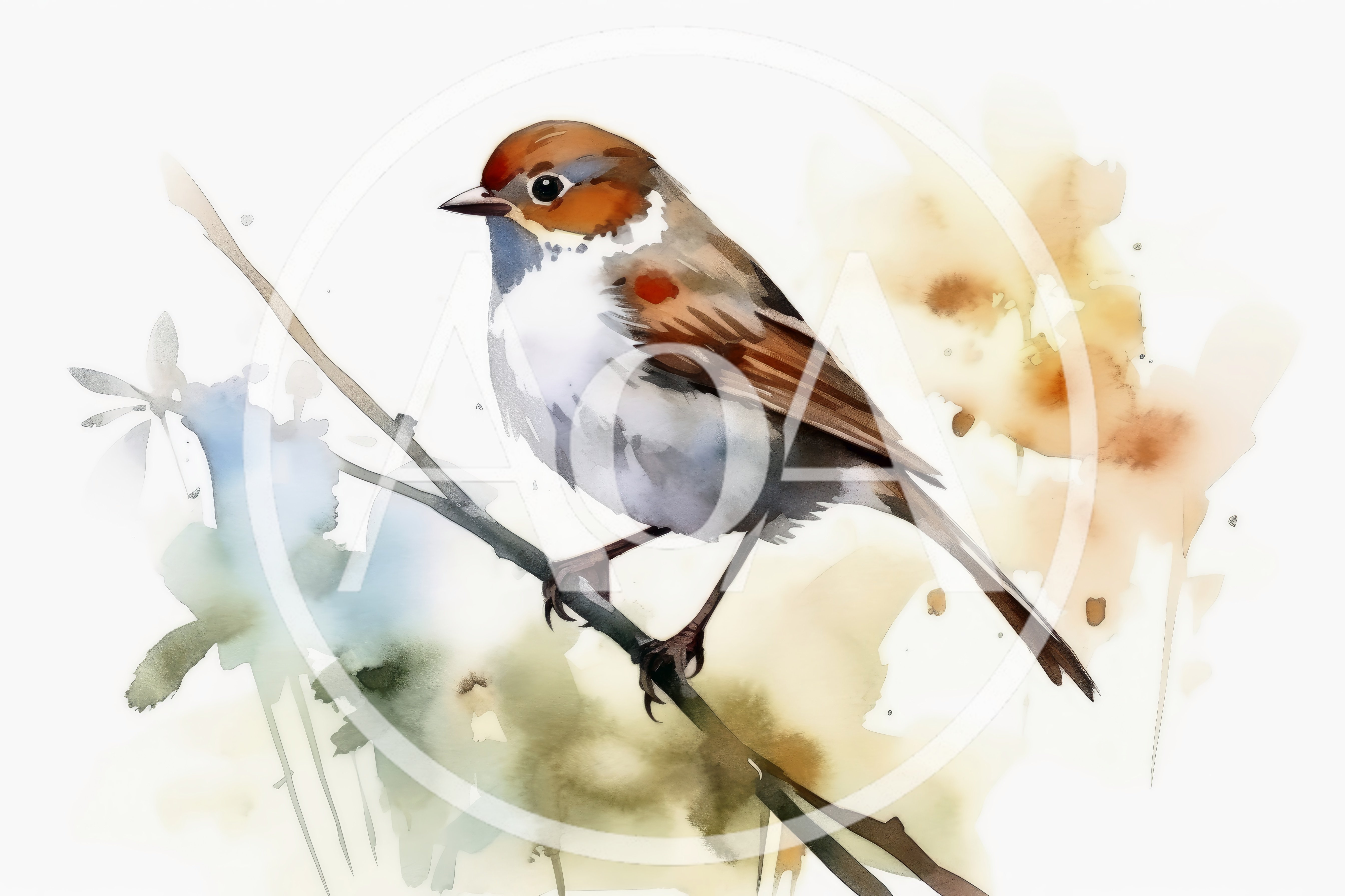 Watercolor Illustration Of A Small Bird On A Branch