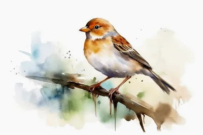Watercolor Illustration Of A Small Bird Perched On Branch