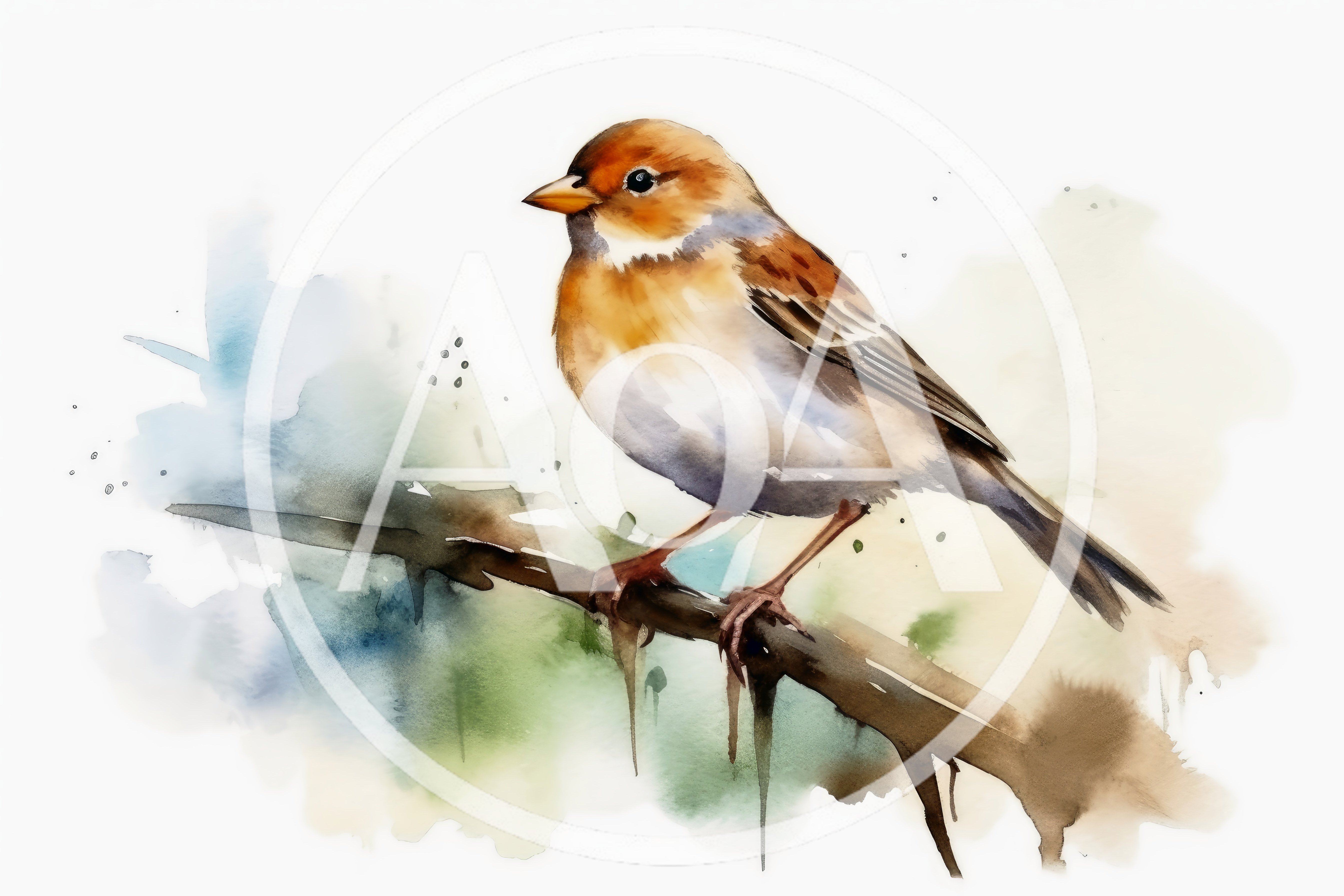 Watercolor Illustration Of A Small Bird Perched On Branch