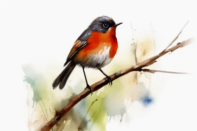 Watercolor Painting Of A Small Robin On A Branch