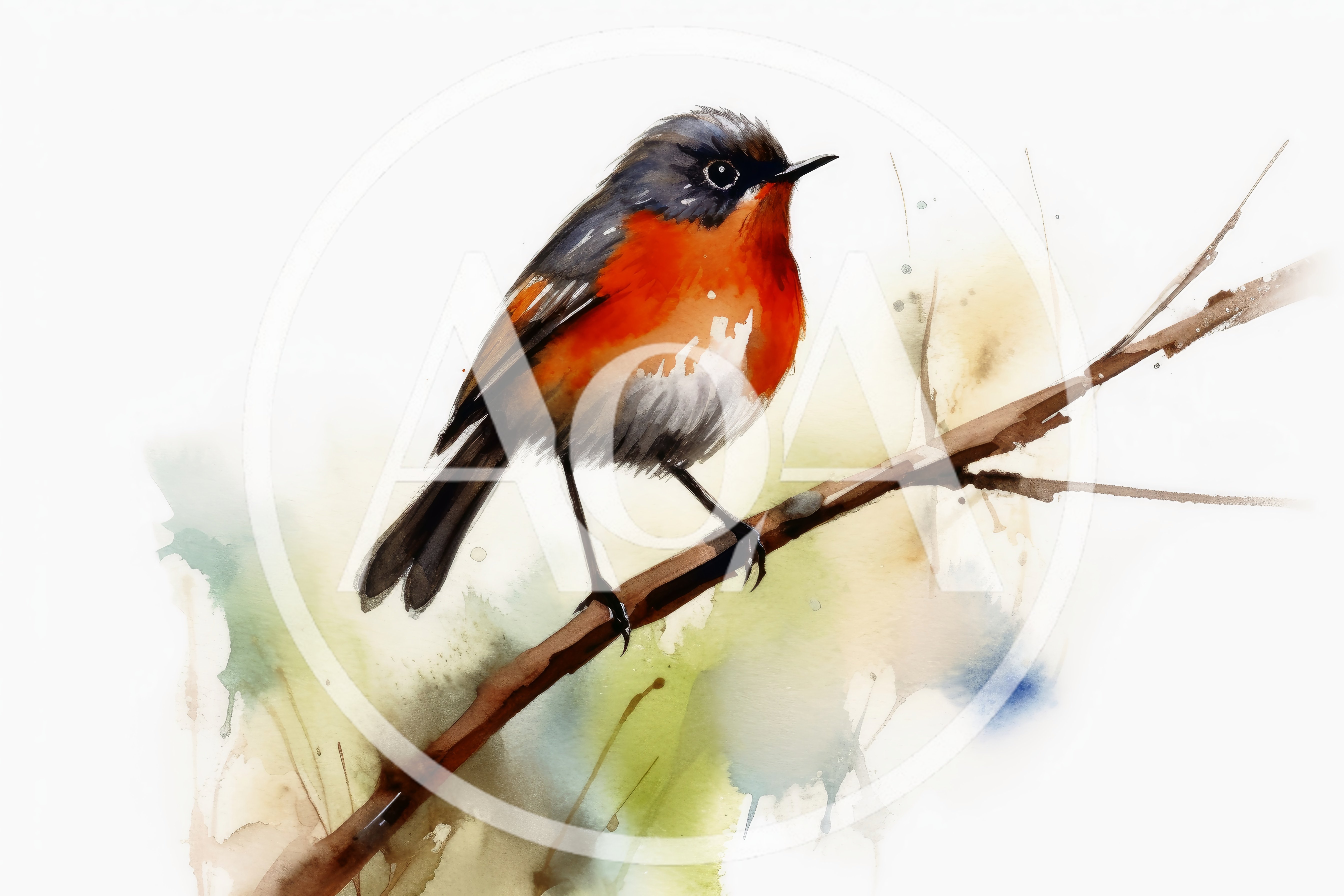 Watercolor Painting Of A Small Robin On A Branch
