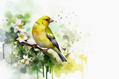 Watercolor Illustration Of A Yellow Goldfinch On A Branch