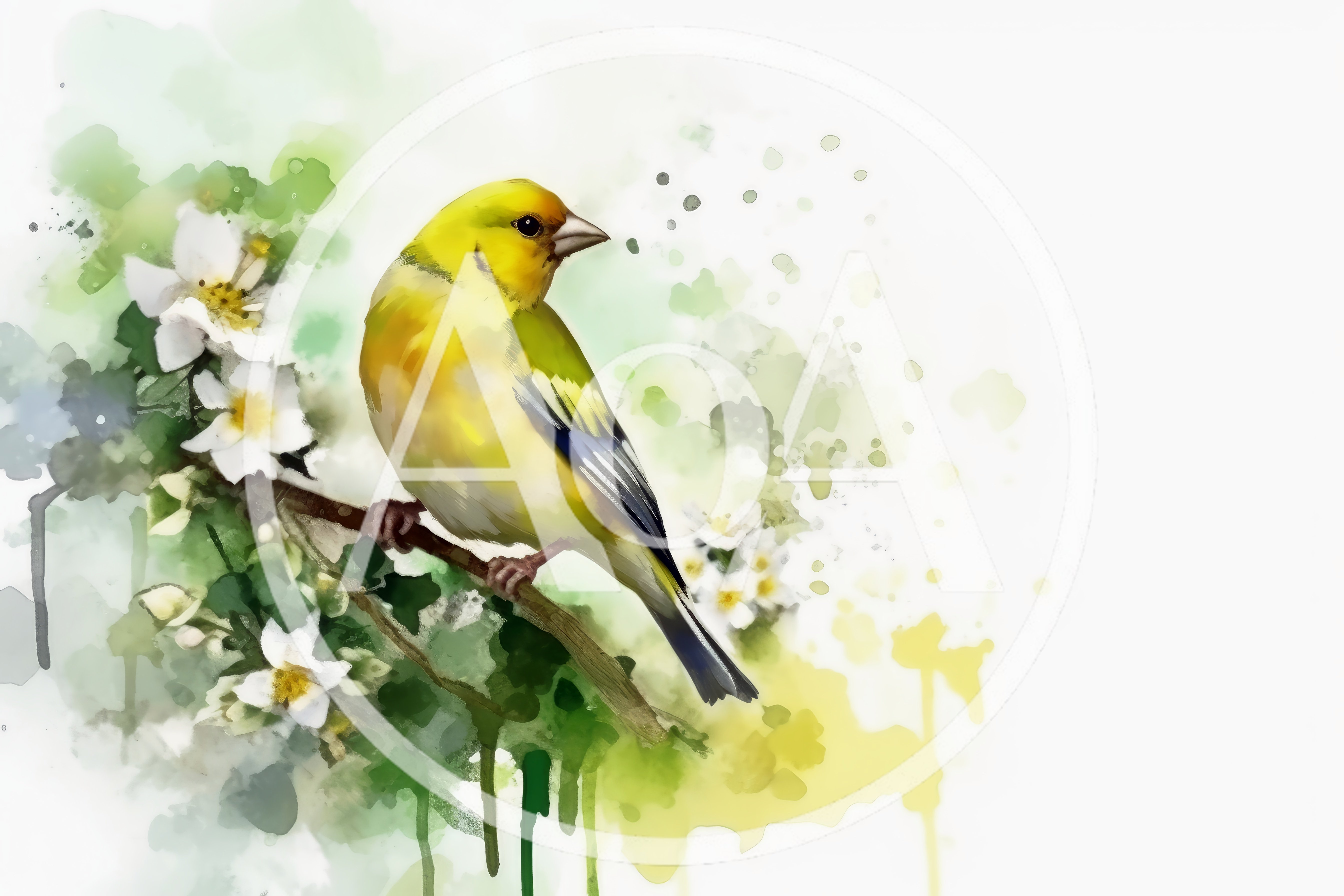 Watercolor Illustration Of A Yellow Goldfinch On A Branch