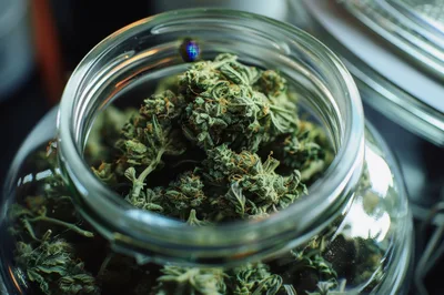 Dried Cannabis Flower Buds Inside A Glass Jar