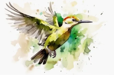 Watercolor Illustration Of A Flying Woodpecker