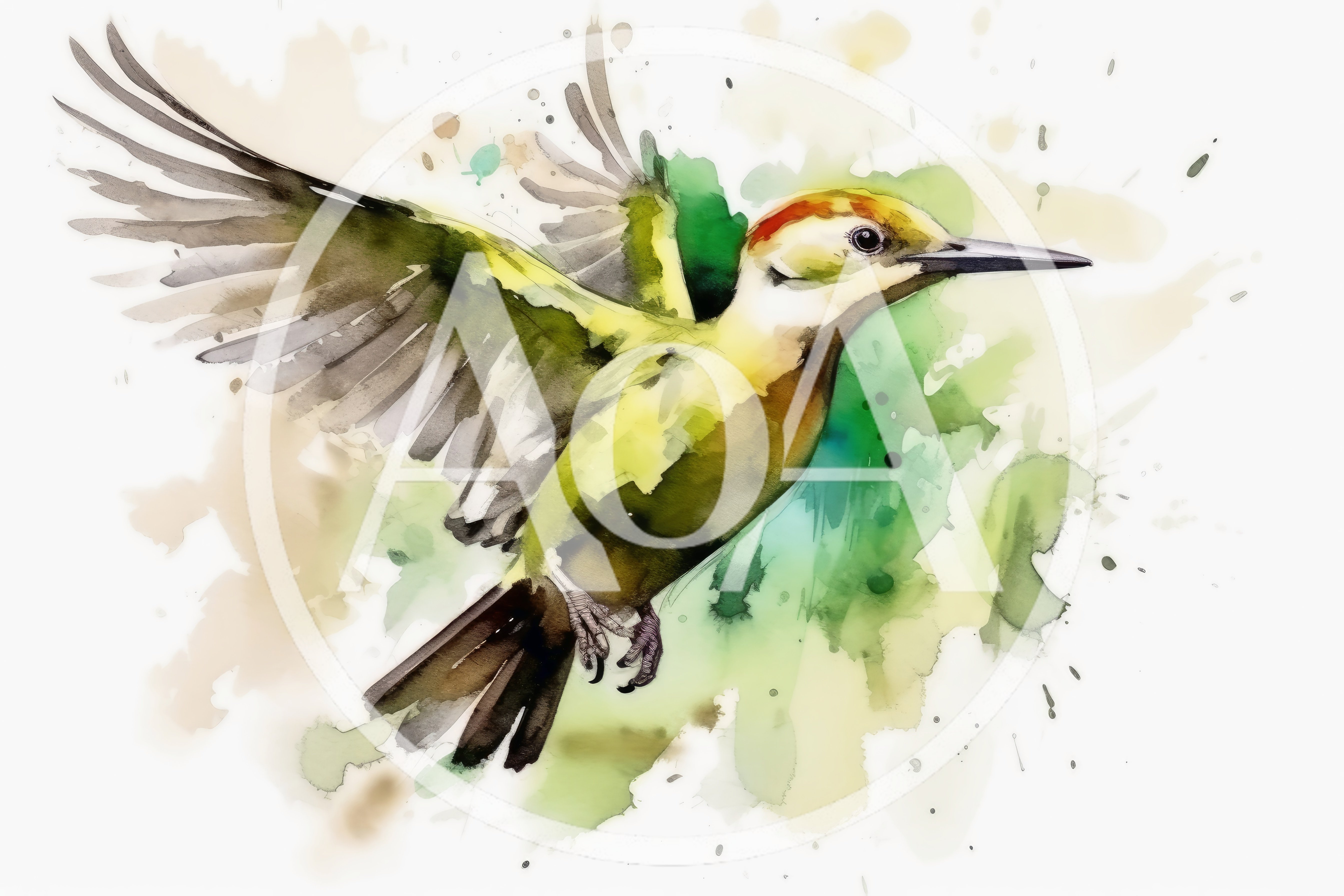 Watercolor Illustration Of A Flying Woodpecker