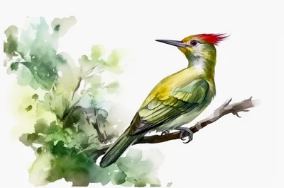 Watercolor Illustration Of A Green Woodpecker On A Branch