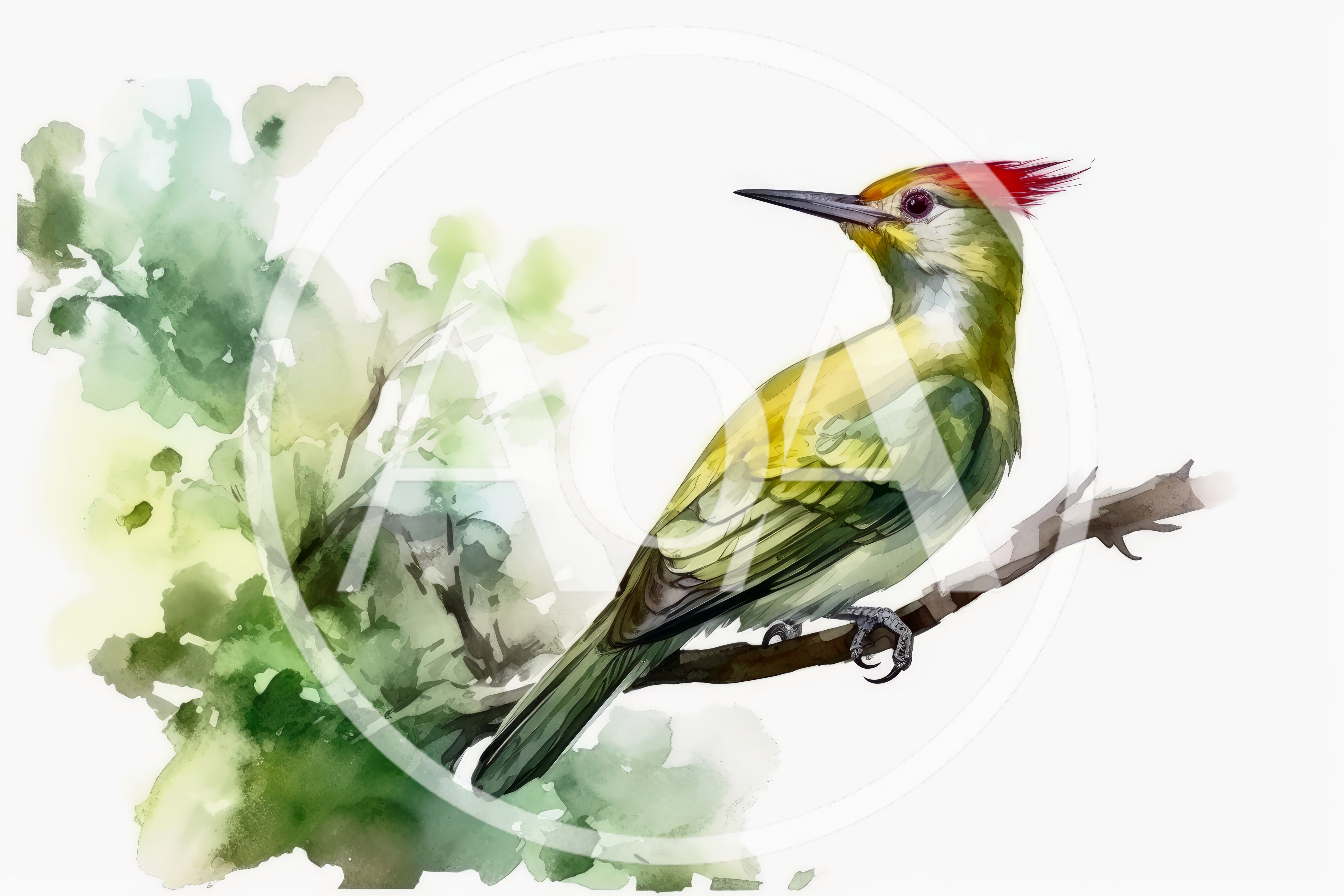Watercolor Illustration Of A Green Woodpecker On A Branch