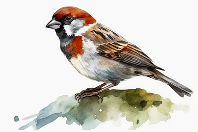 Watercolor Illustration Of A House Sparrow Perched