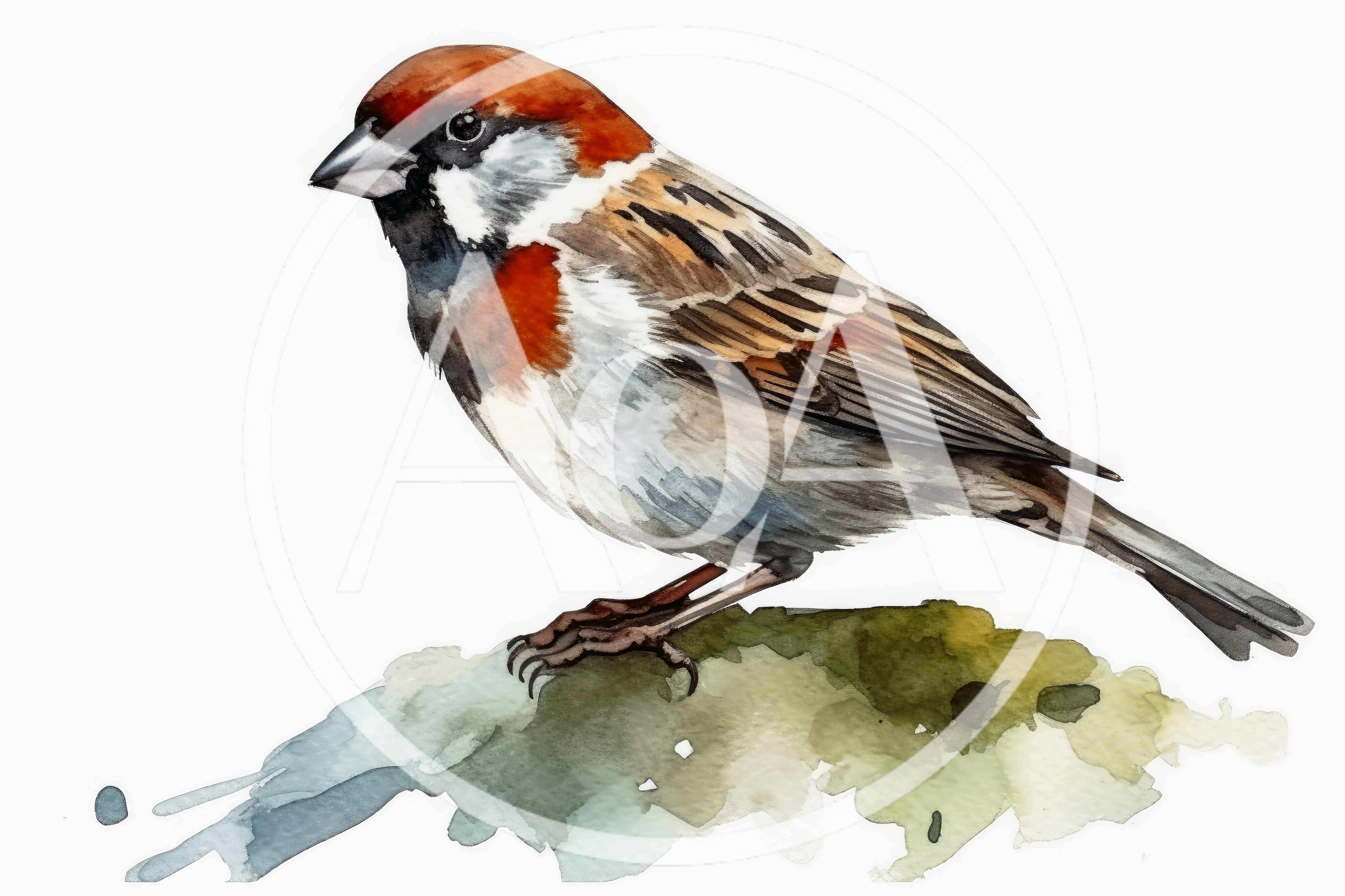 Watercolor Illustration Of A House Sparrow Perched