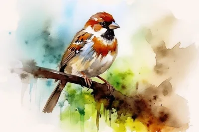 Watercolor Painting Of A Sparrow Perched On A Branch