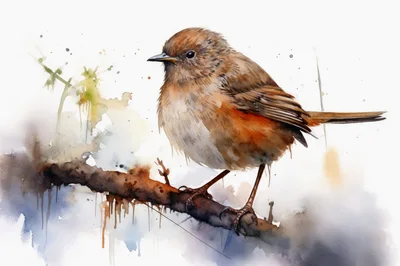 Watercolor Painting Of A Small Brown Bird On Branch
