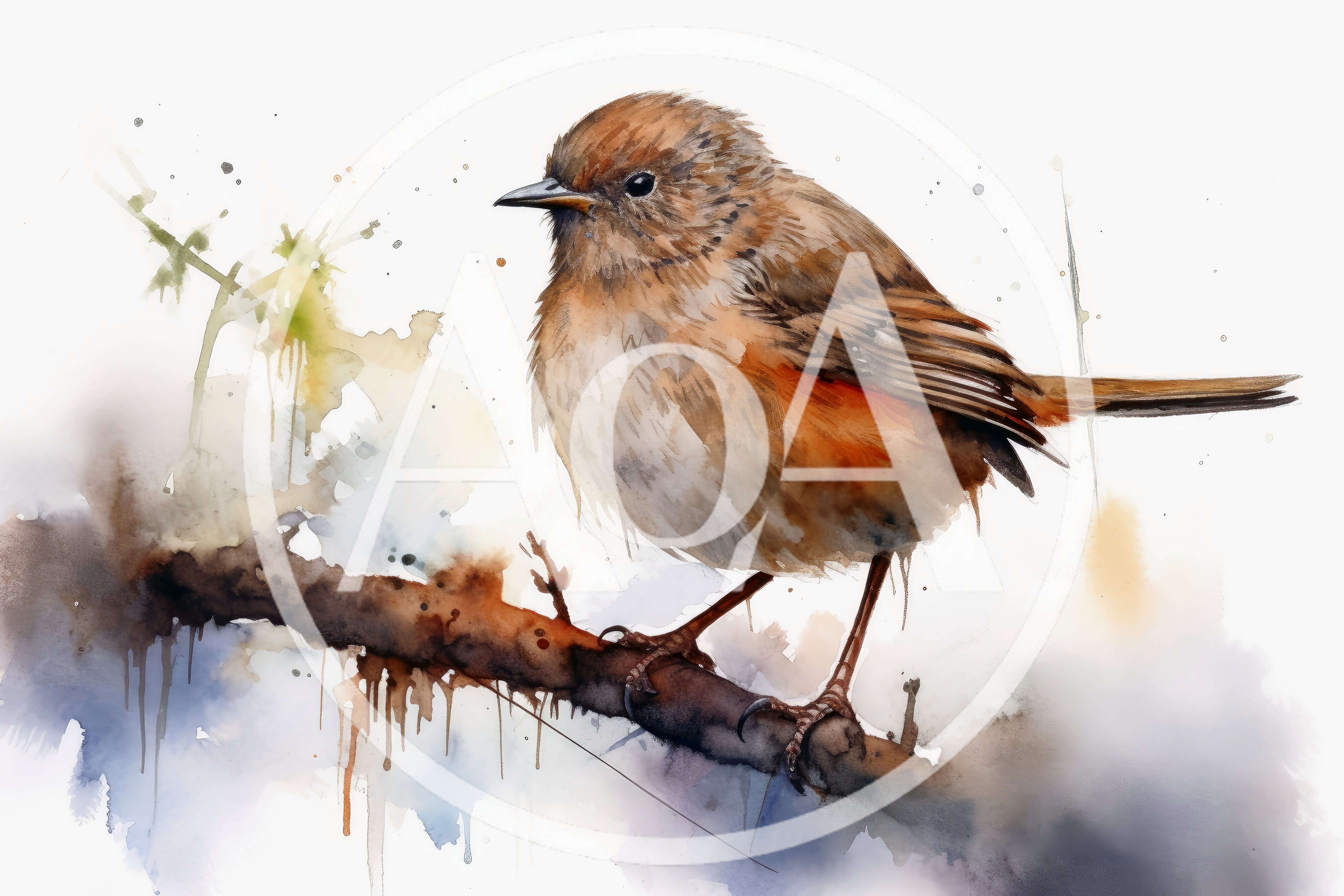 Watercolor Painting Of A Small Brown Bird On Branch