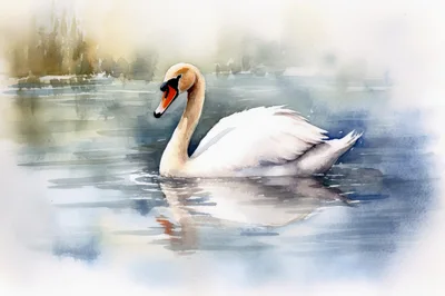 Watercolor Painting Of A Graceful White Swan Swimming
