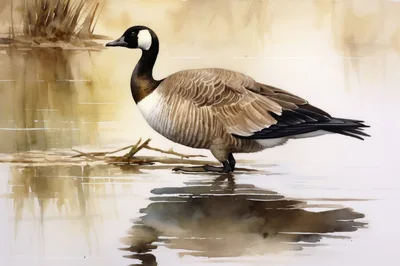 Watercolor Painting Of A Canada Goose Standing In Water