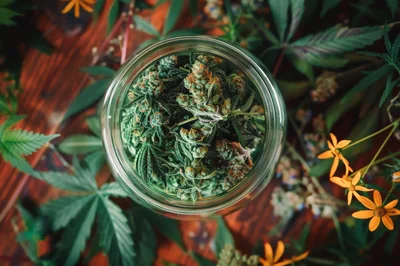Cannabis Buds In A Glass Jar On Wooden Table